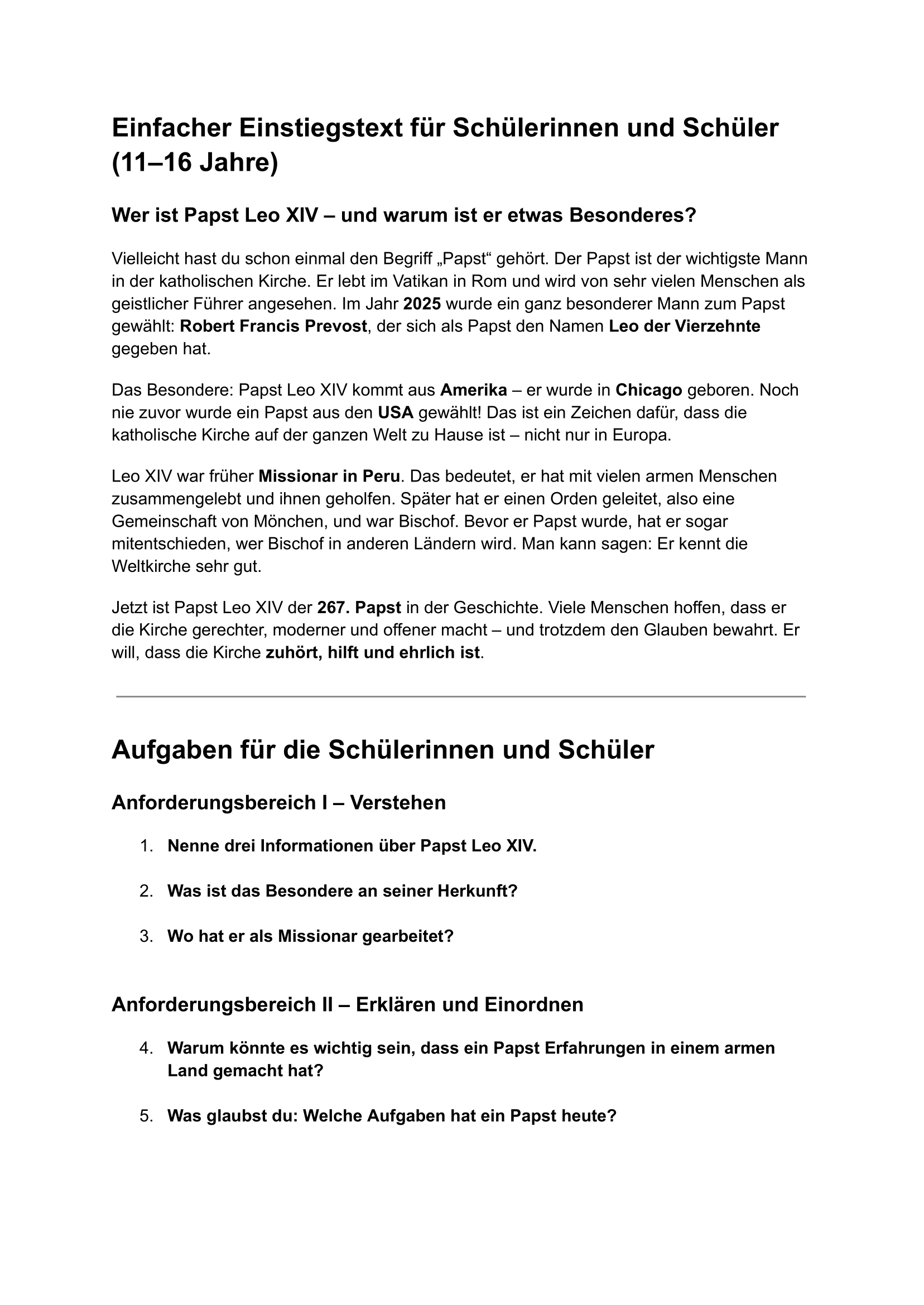 Sparpaket „Papst Leo XIV“ – Unterrichtsreihe & Präsentation für Grundschule, Sekundarstufe I und II